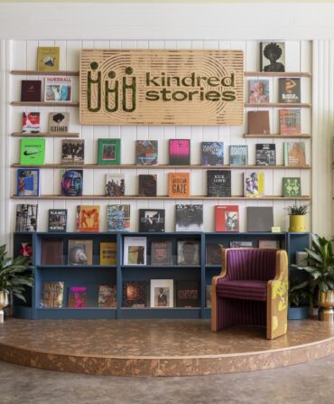 A bookstore with stacked shelves