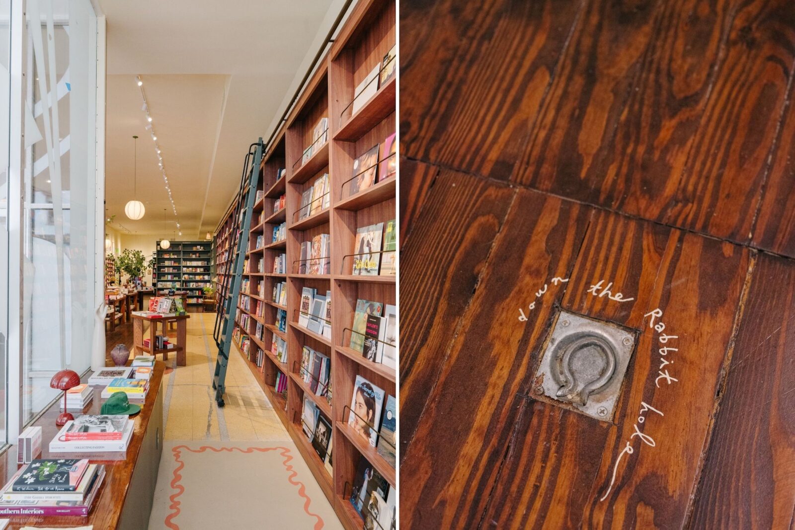 Inside a bookshop with a ladder; a trap door handle on the wood floor