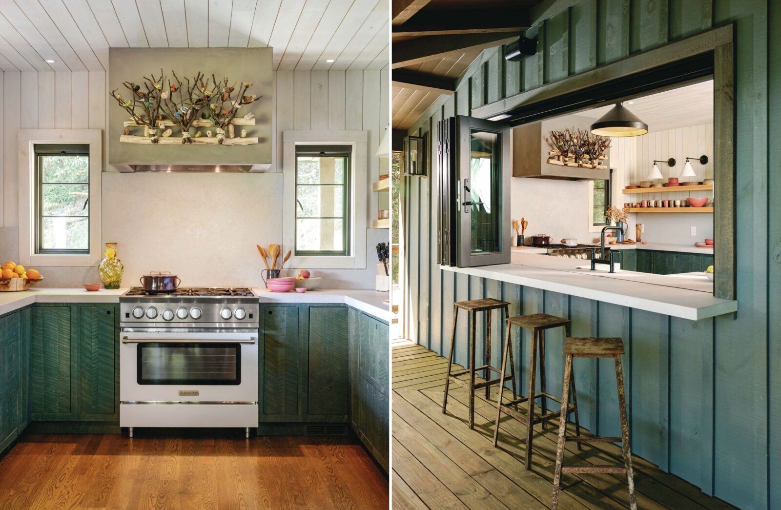 A bird sculpture hangs above a kitchen range; an open window shelf in the kitchen with stacks of pottery