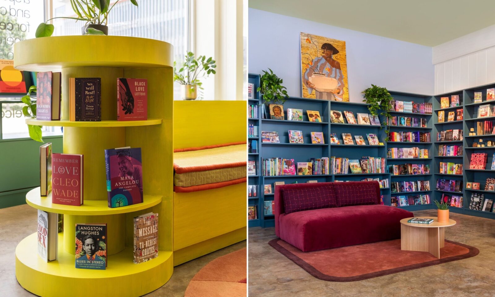 A yellow round bookshelf; a wall of dark blue shelves with books