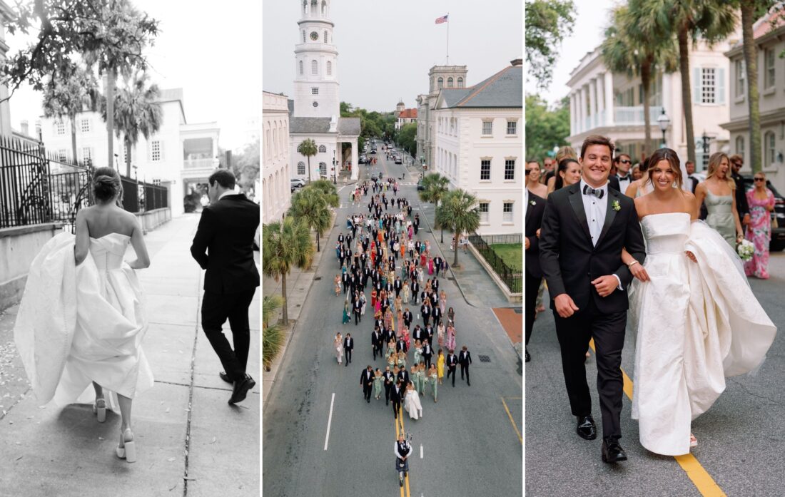 A collage of three photos of a wedding party walking through the street