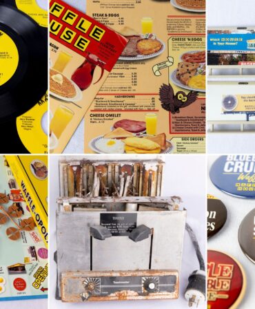 A six-grid collage of Waffle House objects
