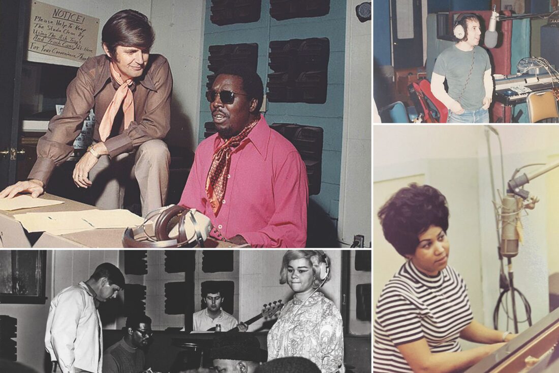 A collage: Clockwise, from top left: Rick Hall and Clarence Carter at FAME; Paul Simon at Muscle Shoals Sound Studio; Aretha Franklin at FAME; Etta James at FAME.