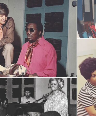 A collage: Clockwise, from top left: Rick Hall and Clarence Carter at FAME; Paul Simon at Muscle Shoals Sound Studio; Aretha Franklin at FAME; Etta James at FAME.