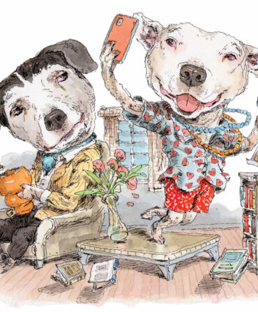 An illustration of two dogs in a living room; one holds a kong of peanut butter, the other has a phone