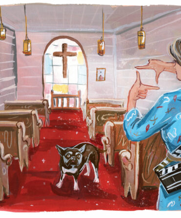 An illustration of a woman standing in a church and using her hands to frame a view. A dog stands in the middle