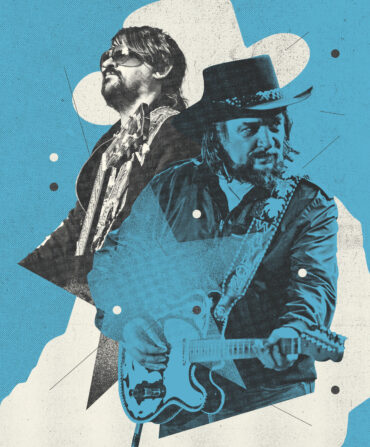 A photo illustration on white, black, and blue of two men