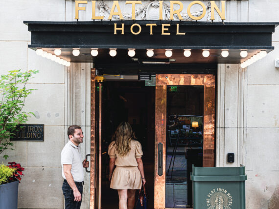 A woman walks into a hotel door