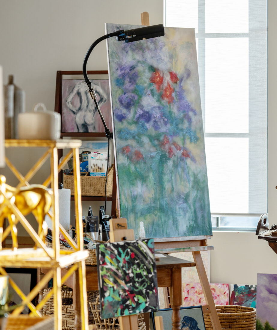 A floral painting on an easel