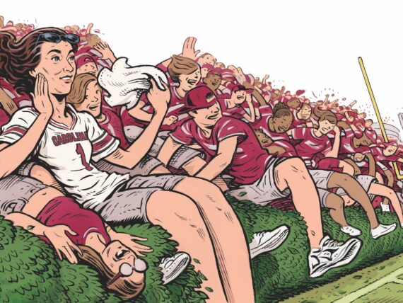 An illustration of people rushing a football field