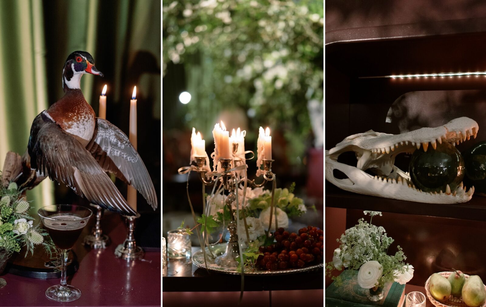 A collage of three images: a taxidermy duck on a bar top; silver candlestick holders with candles on a tray; an alligator skull in a shelf