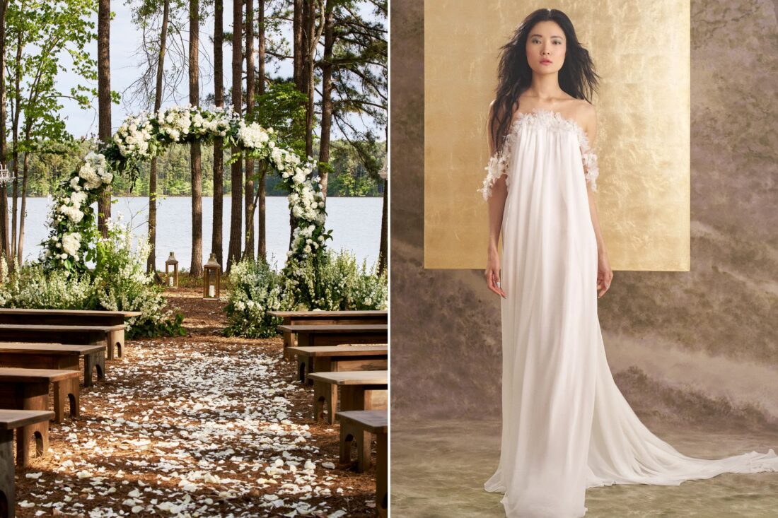 Two photos: An aisle on the shore of a lake, a woman in a wedding dress