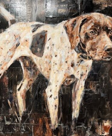A painting of a pointer dog with a brown head and white body with brown speckles.