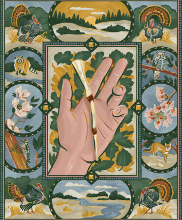 An illustration of a hand holding a wingbone call with a quilt-like display of wildlife around it